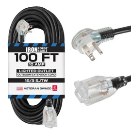 Iron Forge Cable 100 ft Flat Plug Extension Cord with 3 Prong, Flat Right Angled Plug Black Cord for Outdoor, 16/3 SJTW Weatherproof 100ft Long Cable with Lighted End