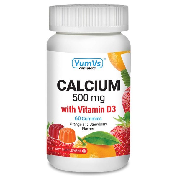 Calcium with Vitamin D3 Gummies by YumVs | Daily Dietary Supplement for Adults and Kids | Calcium 500mg + Vitamin D 1000IU | Natural Orange & Strawberry Flavor Gummies, 60-Count | Kosher