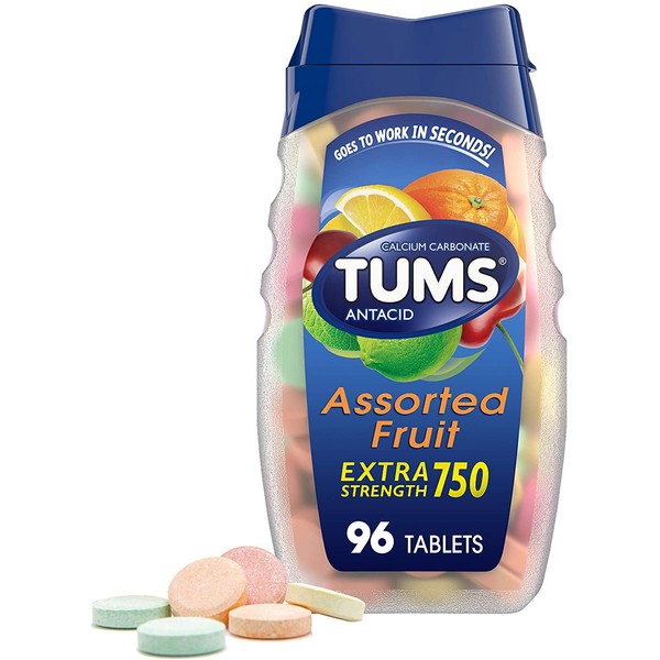 TUMS Extra Strength Antacid Chewable Tablets for Heartburn Relief, Assorted Fruit, 96 Count (Pack of 1)