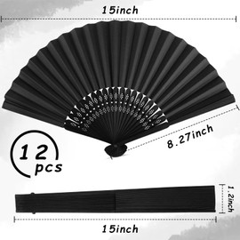 JOHOUSE Foldable Bamboo Fans, 12PCS Black Handheld Fans Folding Hand Fans Japanese Chinese Vintage Fans for Wedding Dancing Party Summer Unscented