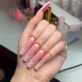 IMSOHOT Pink French Tip Press on Nails Long Square Fake Nails Nude Glossy Gel Glue on Nails Full Cover Acrylic False Nails for Women 24Pcs