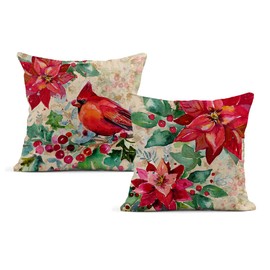 LOKMU Set of 2 Throw Pillow Covers Watercolor Christmas Poinsettia and Cardinal Square Linen Home Decorative Cushion Covers Pillowcases for Outdoor Bed Sofa Bar Wedding Couch Family 16x16 inches