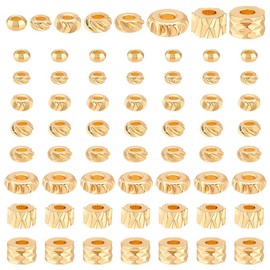 PH PandaHall 80pcs 18k Gold Plated Beads 8 Styles Rack Plating Brass Spacer Flat Round Column Rondelle for Jewelry Making Bracelet Necklace Beading Craft
