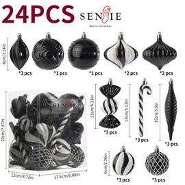 Christmas Ball Ornaments Shatterproof Plastic Tree Ornaments 24 PCS Shaped Styles Xmas Tree Holiday Decor,Black