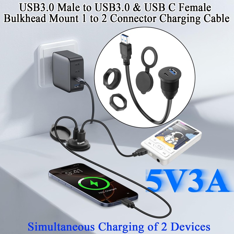 QIANRENON 2-in-1 USB3.0 to USB3.0 & USB C Threaded Fixed