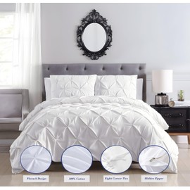 Saferay Green Luxury White Pinch Pleated Pintuck Duvet Cover Set Oversized King - 120x98 Size Egyptian Cotton Luxury Soft & Breathable Comforter Cover with Corner Ties & Zipper Closure