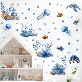 RoyoLam Underwater Sea Animal Wall Decals Removable Turtle Jellyfish Coral Vinyl Stickers for Nursery Kids Bedroom and Playroom Decor Peel and Stick Watercolor Wall Art