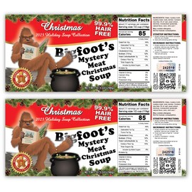 Bigfoot Christmas Mystery Meat Soup Novelty Soup Can Labels - FUNNY GAG Gift - Xmas Stocking Stuffer, White Elephant Party, Secret Santa - Party Decorations, Supplies and Favors - Bigfoot Hunter, Tracker, Sasquatch (2)
