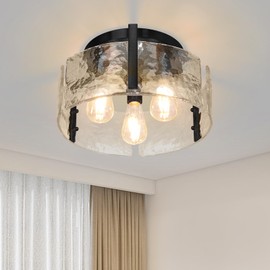 Flush Mount Ceiling Light, Black Modern Round Ceiling Lamp with Clear Hammered Glass Shade for Bedroom, Entryway, Hallway, Kitchen, Foyer Lighting fixtures, 3-Lights Dining Room Chandelier 14.17''