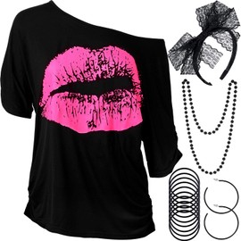 Blulu Women's 80s Costume Accessory Set, Lips Print T-Shirt, Lace Headband, Earrings, Necklaces, Bracelet for 80s Theme Party, xl