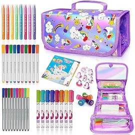 weirtoya Washable Fruit Scented Markers Set with Unicorn Pencil Case Stickers Stamps Coloring Book, STEM Toys Unicorns Gifts for Girls Birthday Gifts for Girls 4-9 Years