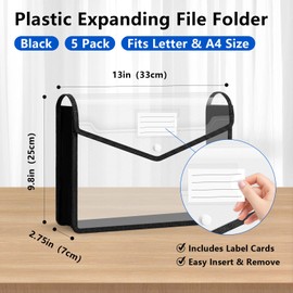Binditek 5 Pack Plastic Expanding Folders, Expandable Document Folder with Snap Button Closure, Large Capacity with Label Pocket, Fit Letter & A4 Size, Black Edge