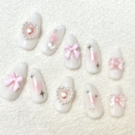 Baby Pink Ribbon Nail Tips - Change Size / 베이비 핑크 리본 네일팁 - 사이즈 변경 X