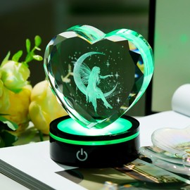 Arikyrist 3D Moon Fairy Figurines K9 Crystal Heart with LED Light Base Fairy Keepsake Gifts for Women Fairies Lovers Collectible Tinkerbell Paperweight Home Decor