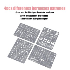 4 Placas de estampar arte uñas, molde de sello de uñas, plantillas de impresión de uñas, Tablero dibujo para la gel de uñas, rayas onduladas, patrones naturales, Cuadrado,diseño de estrella de corazón