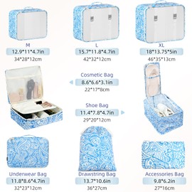 BAGAIL 8 Set Packing Cubes Luggage Packing Organizers for Travel Accessories-Blue paisley