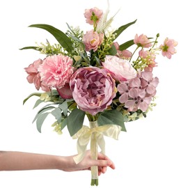 Daily Treasures Fake Artificial Flowers Bouquet for Decoration, Silk Fake Flower Arrangements Wedding Bouquets, Hydrangeas, Peonies and Allium Flowers for Home Kitchen Garden Wedding Party(Pink)