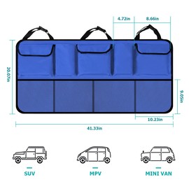 AICEL Car Trunk Organizers, 42.5" x 20.5" Backseat Hanging Organizer with 9 Large Storage Bag, Waterproof Car Organizer with Lids, Road Trip Adjustable Strap Large Capacity Bag for Car SUV (Blue)