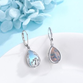 ZIPPICE Moonstone Earrings 925 Sterling Silver Rabbit Moonstone Earrings Rabbit Leverback Earrings Moonstone Jewellery Gifts for Women Girls, Sterling Silver