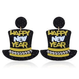 Beaded New Year Earrings for Women Happy New Year Hat Drop Dangle Earrings 2023 New Year's Eve Christmas Holiday Festive Party Accessory Jewelry Gifts (Acrylic black)