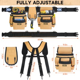 Tool Belt with Suspenders,27-Pockets Heavy Duty Tool Belts for Men with Magnetic Tool Pouch,Detachable & Adjustable Work Belt Bag for Electrician,Carpenter,Construction,Utility Toolbelt,Black,Brown