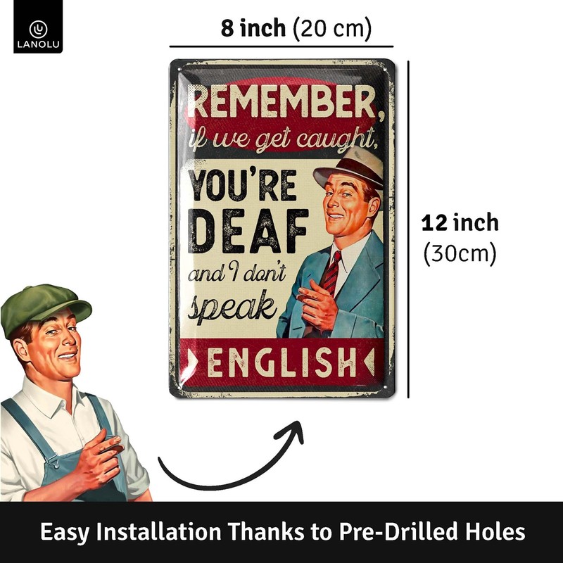 LANOLU Retro Tin Sign Remember Deaf English, Funny Signs with