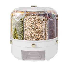 RENFANSHOP 360°Rotating Rice and Grain Dispenser with 6 Compartments - Sealed Storage Container, One-Button Pressing Storage Bucketfor Snacks Candy Coffee Beans and Dog Food (White)