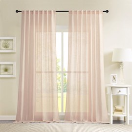 Novecozy Natural Linen Blush Pink Semi Sheer Curtains 84 Inch Long 2 Panels Set for Bedroom Living Room, Backtab Rod Pocket Farmhouse Boho Linen Textured Light Filtering Window Drapes, Peach Pink