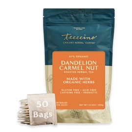 Teeccino Dandelion Caramel Nut Tea - Caffeine Free, Roasted Herbal Tea with Prebiotics, 3x More Herbs than Regular Tea Bags, Gluten Free - 50 Tagless Eco-Friendly Tea Bags