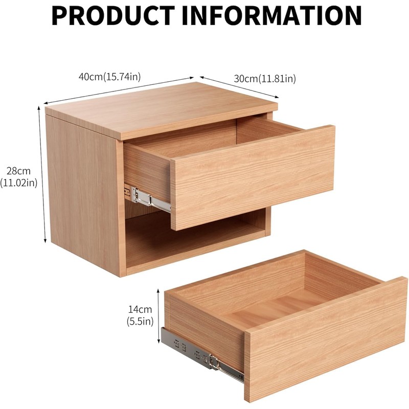 Floating Nightstand, Modern Wall Mounted Bedside Table with Drawer, Wood