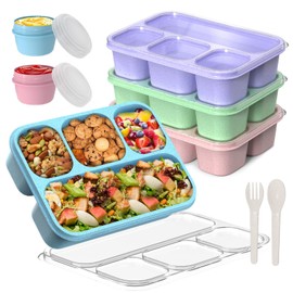KHOXU Snackle Box Container, 4-Compartment Bento Lunch Box for Women Men Adults, 44Oz/1300ML Meal Prep Boxes Reusable with 2 Sauce Containers & Utensils, 4 Pack (Wheat)