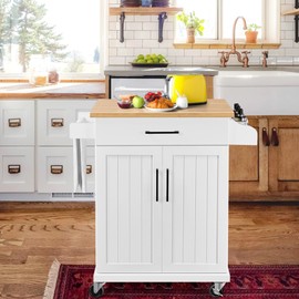 Yaheetech Kitchen Cart with Bamboo Tabletop, 34.5" Width Rolling Kitchen Island with Drawer and Adjustable Shelf, Storage Cabinet with Spice Rack Towel Bar for Dining Room Kitchen Living Room, White