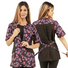 Ladybird Line 725 Pink and Purple Paw Print Waterproof Dog Grooming Smock, Hair and Bleach Resistant with Covered Zipper Panel, Solid Black Back, and Back Tie Belt - Ideal for Pet Groomers - 4XL