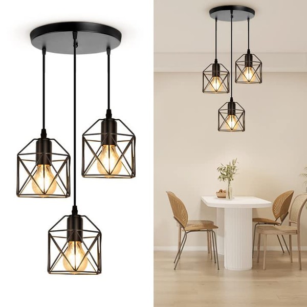 3-Light pendant light Fixtures, Farmhouse Kitchen Island Light Fixture, Industrial Hanging Pendant Lighting for Dining Room Bedroom, Black Metal Cage Pendant Ceiling Lamp, E26 Base, Bulbs Not Included