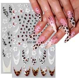 Leopard Print Nail Art Sticker Nail Decals 3D Self-Adhesive French Lines Nail Tip Hibiscus Flower Lace Floral Petals Nail Art Design Gel Polish Slider Decal Nail Charm for Manicure Decoration 4Sheets