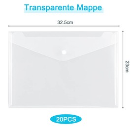 Document Wallets A4, Pack of 20 Transparent Document Folder with Press Stud, A4 Transparent Document Folder Wallets for File Paper Receipts Homework School Office