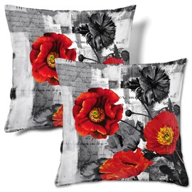 HMS Happy Memories Velvet Cushion Cases Square Decorative Throw Pillow Cover 45x45cm(18x18 Inch) Set of 2 for Couch Sofa Bed Living Room Bedroom (Grey and red Flower Garden)