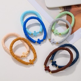 Caiyao Rainbow Clay Surfer Cross Bracelets Set for Women Stackable Clay Disc Stretch Preppy Bracelets Colorful Friendship Bracelets Boho Summer Beach Jewelry Gift-Set B