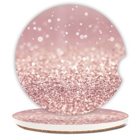 Pink Glitter Absorbent Car Coasters,Pretty Girly Ceramic Cup Holders Coasters with a Finger Notch for Women Men 2.56"(2 Pieces)