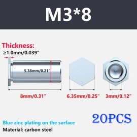 Ctyjia Pack of 20 Rivet Nuts, Hex Rivet Nuts, M3 x 8 mm Internal Thread Barrel Nuts, Rivnut Made of Galvanised Carbon Steel for Steel, Alloy, Metal