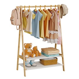 Aetherika Kids Clothing Rack with 2 Fabric Shelves, Foldable Child Garment Stand with Hanging Rod, Small Dress Up Organizer, Bamboo (Natural)