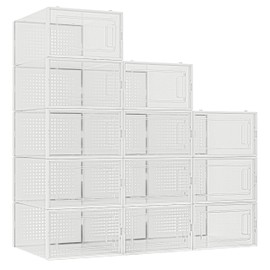 Seseno 12 Pack Shoe Organizer Storage Bins Clear Plastic Stackable Shoe Boxes for Closet, Space Saving Foldable Shoe Storage Case, Sneaker Storage Shoe Box Container