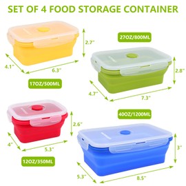 NATUREKIT Set of 4 Collapsible Silicone Food Storage Containers,Kitchen Stackable Leftover Bento Lunch Meal Box with Plastic Airtight Lids, Leak-proof Camping Food Storage for Microwave Dishwasher