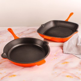 Berghoff 2Pc Neo Enameled Cast Iron Cookware Set, Grill Pan 11 Inches, Fry Pan 10 Inches, Oven Safe Up To 400°F, Orange