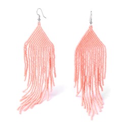 Handmade Beaded Tassel Earrings - Boho Drop Fringe Earrings for women, Native American Indian Earrings (Long Pink)