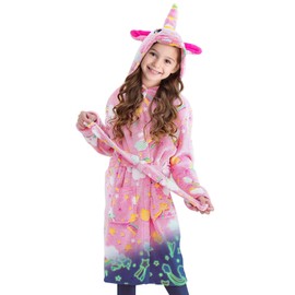 GOPHRALOVE Glow in The Dark Unicorn Robe for Girls & Kids | Rainbow Clouds Hooded Bathrobe & Sleepwear | Machine Washable, Ages 5-10