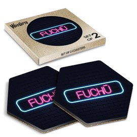 2 x Hexagon Coasters - Neon Sign Design Fuchū City Japan Cork Backed MDF Glossy Tea Coffee Accessory #350968