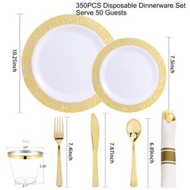 WELLIFE 350 Pieces Gold Plastic Dinnerware,Disposable Gold Lace Plates, Include:50 Dinner Plates,50 Dessert Plates, 50 Pre Rolled Napkins with Gold Silverware and 50 Cups
