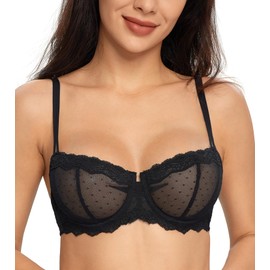 Lemorosy Women's Non-Padded Underwire Lace Balconette Unlined Demi Sheer Bra (34DD, Black)