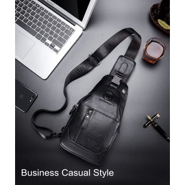 BULLCAPTAIN Sling Bag Genuine Leather Crossbody Backpack Outdoor Travel Chest Bag Daypack (Black)